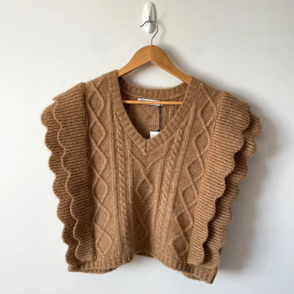 Zara  Cable Knit Ruffle Sweater Vest Alpaca Wool Blend Tan NWT Size Medium - Picture 7 of 10